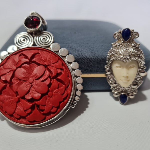 Sterling Silver SAJEN Cinnabar/ Lapis/ Moonface Brooch and Pendants