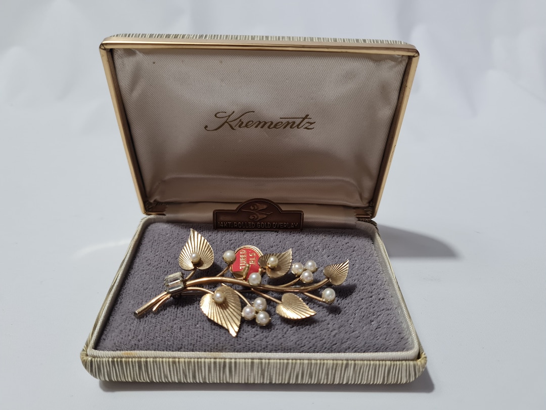 Vintage KREMENTZ 14 K Rolled Gold Overlay Floral Cultured Pearls Brooch