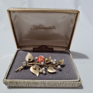 Vintage KREMENTZ 14 K Rolled Gold Overlay Floral Cultured Pearls Brooch