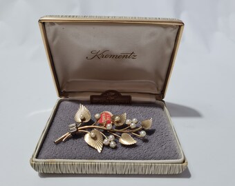 Vintage KREMENTZ 14 K Rolled Gold Overlay Floral Cultured Pearls Brooch