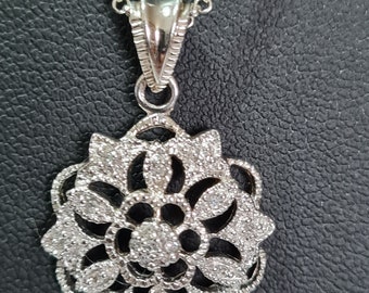 Sterling Silver Diamond Chips Floral Pendant 1" Necklace 17"