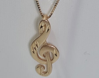 14 K Treble Clef Music Note Pendant 0.75" and Necklace 24"