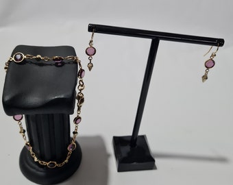 Gold Filled Glass Amethyst Bracelet and Dangled Earrings set