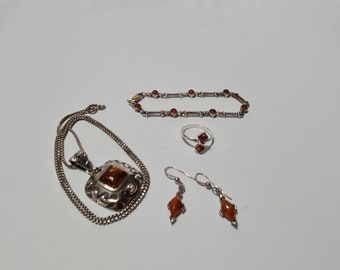 Vintage Collection of Amber and Sterling Silver Necklace, Bracelet, Ring and Earrings Set