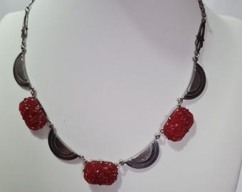 Antique Art Nouveau Sterling and Molded Glass Choker Necklace 16"