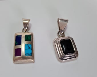 Vintage Silpada Black Enamel Pendant 1"/Multi-Gemstone Inlaid Pendant 1"