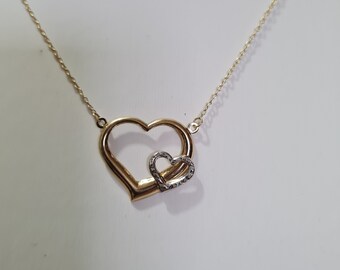 10 K YG/WG Open Double Hearts Pendant Necklace 14.5"