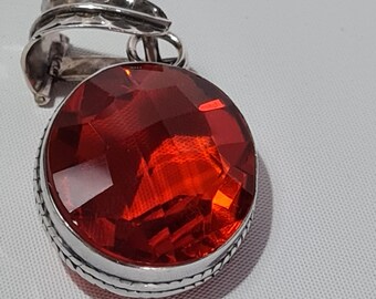 Sterling Silver Faceted Dark Orange Glass Pendant 1"