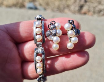 Vintage Sterling Silver and Fresh Water Pearls Panel Bracelet 6.5"
