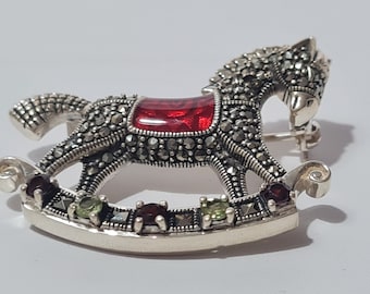 Vintage Sterling Silver Marcasite Garnet Peridot Rocking Horse Brooch 1.5"