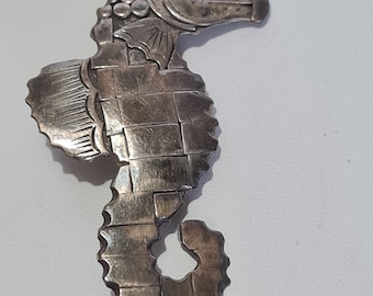 Antique Sterling Silver Seahorse C-Clasp Brooch 2"