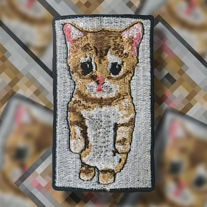 Può includere: Toppa ricamata raffigurante un gatto dei cartoni animati con un'espressione triste. Il gatto ha un pelo marrone e marrone chiaro con accenti rosa. La toppa è rettangolare con un bordo nero e uno sfondo grigio.