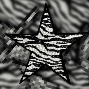 May include: A black and white star with a zebra stripe pattern. The star is centered against a grayscale background with a pixelated and blurred design. The star's edges are sharp and defined.