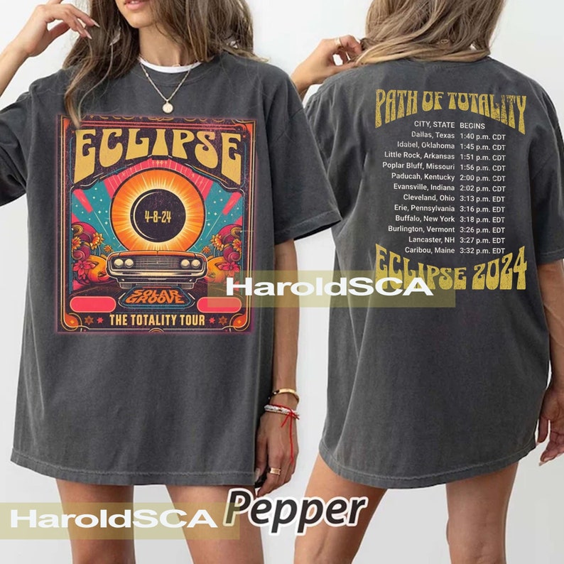Solar Eclipse 2024 Comfort Colors 1717 Unisex Shirt, Retro Style Path of Totality 2024, Vintage Look Distressed Tee, April 18 image 1