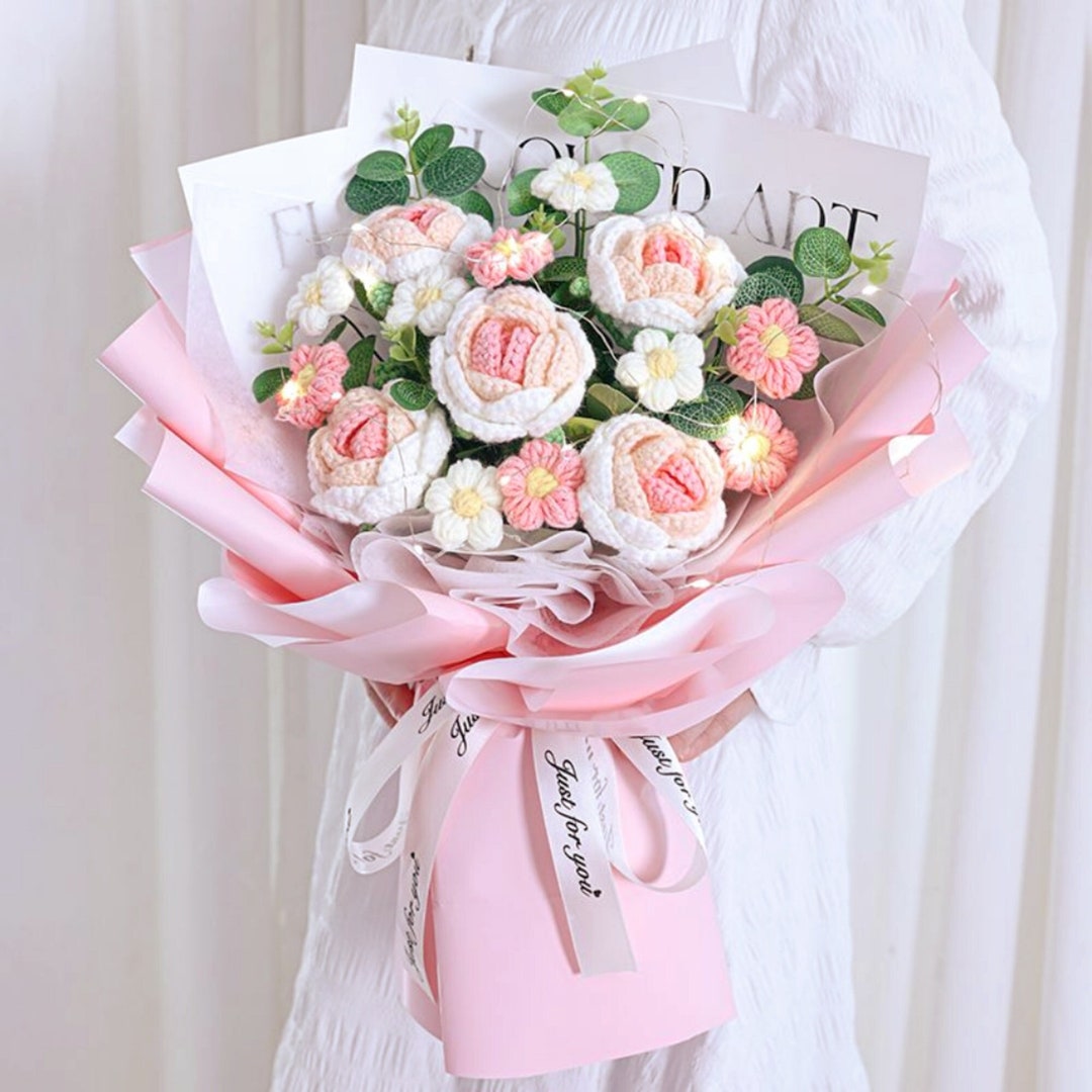 Knitted Rose Bouquetscrochet Flower Bouquet Hand Made Etsy