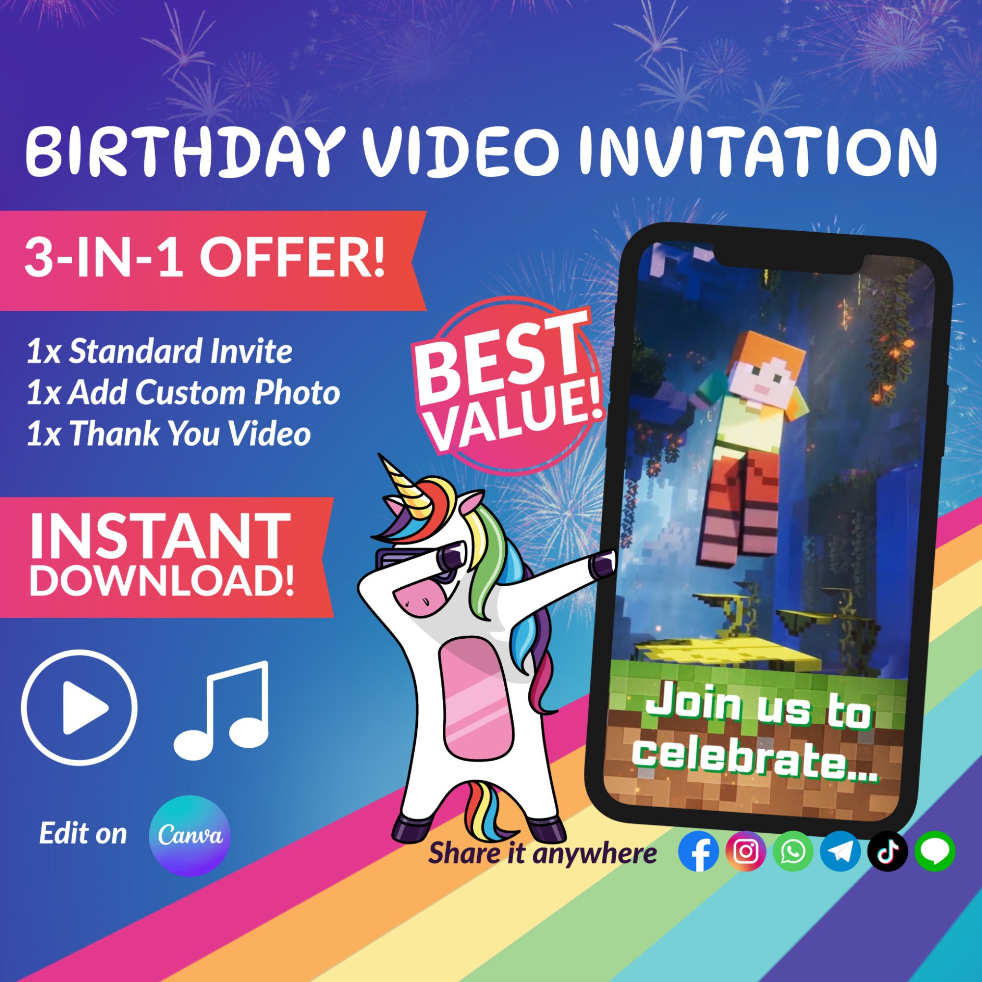 Minecraft Video Invitation Bundle – Photo & Thank You