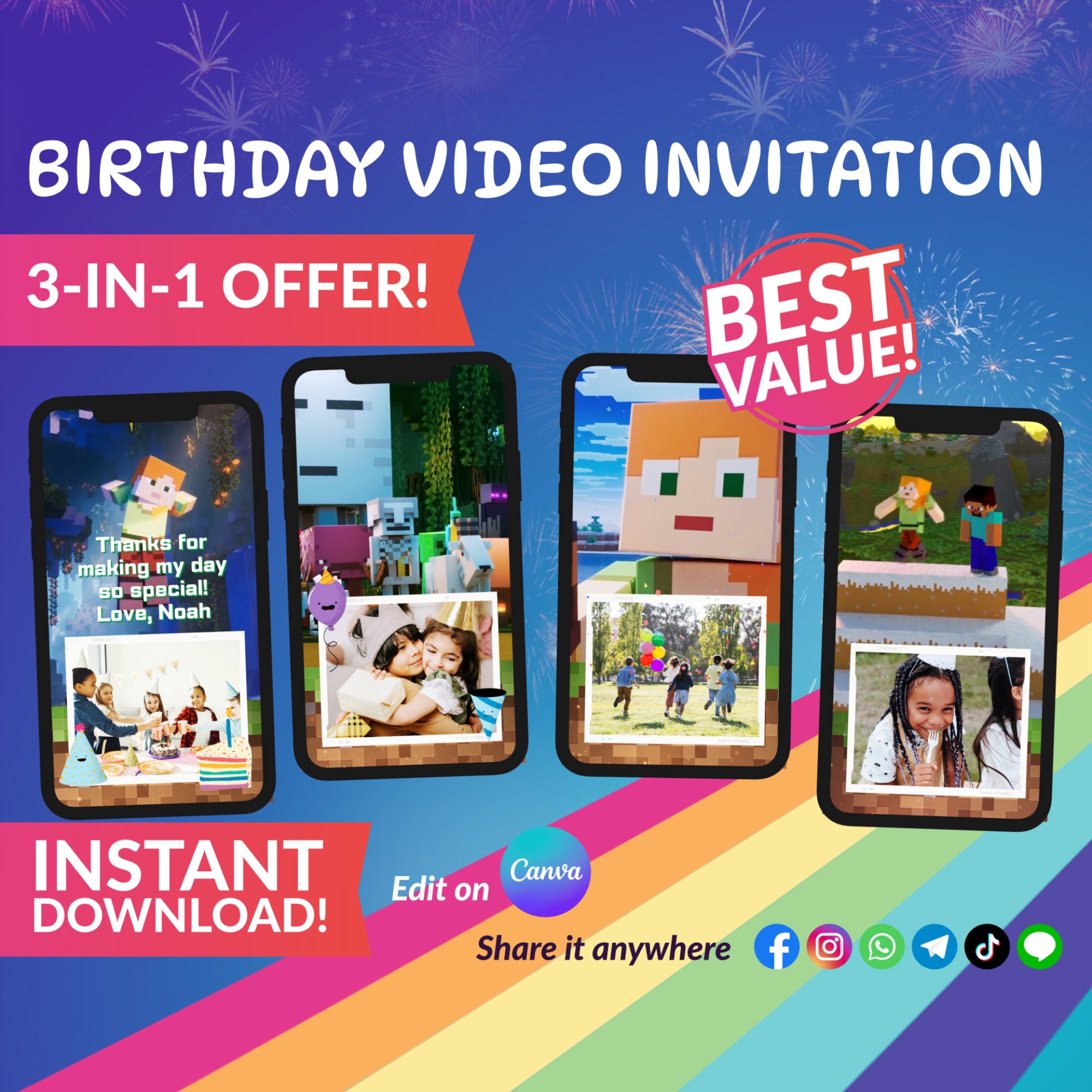 Minecraft Video Invitation Bundle – Photo & Thank You