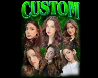 Può includere: Un design grafico verde e nero con la parola "CUSTOM" in grandi lettere verdi. Il design presenta un collage di sei volti di donne.