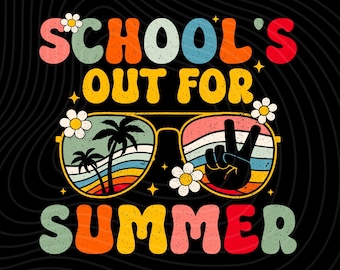 May include: A retro-style graphic with the text "School's Out For Summer" in colorful, textured letters. The graphic features a pair of sunglasses with a peace sign and palm trees reflected in the lenses.