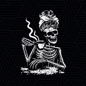 Skeleton Coffee Messy Bun PNG Coffee Lover Halloween PNG Gift for Coffee Lover