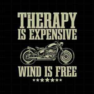 以下が含まれることがあります： 摩耗したフォントで「セラピーは高価、風は無料」というテキストが書かれた、白黒のオートバイのイラスト。テキストの下に星が5つあります。