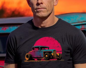 T-shirt Retro Hot Rod Sunset, maglietta con grafica di auto d'epoca