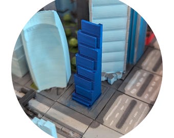 May include: A blue 3D printed building model with a stacked design. The model is set on a gray and white tiled surface.