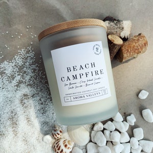 Beach Campfire Custom Coconut Soy Candle Home Decor Gift, 4oz Travel Tin, 7oz Frosted Bamboo Lid Jar, 10oz Cork Lid Jar, Crackling Wood Wick