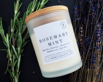 Rosemary Mint Custom Soy Candle Home Decor Gift, 4oz Travel Tin, 7oz Frosted Bamboo Lid Jar, 10oz Cork Lid Jar, Crackling Wood Wick