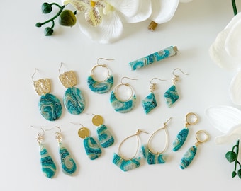 14k Gold Filled Faux Agate Earring Collection | Faux Gemstone Earrings | Teal Blue Gold | Hypoallergenic Nickel Free | Handmade in Michigan