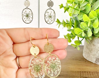 Natural Pressed Flower Earrings | White Pink Orange Queen Anne’s Lace | 14k Gold Plated | Silver Plated | Lightweight | Hypoallergenic