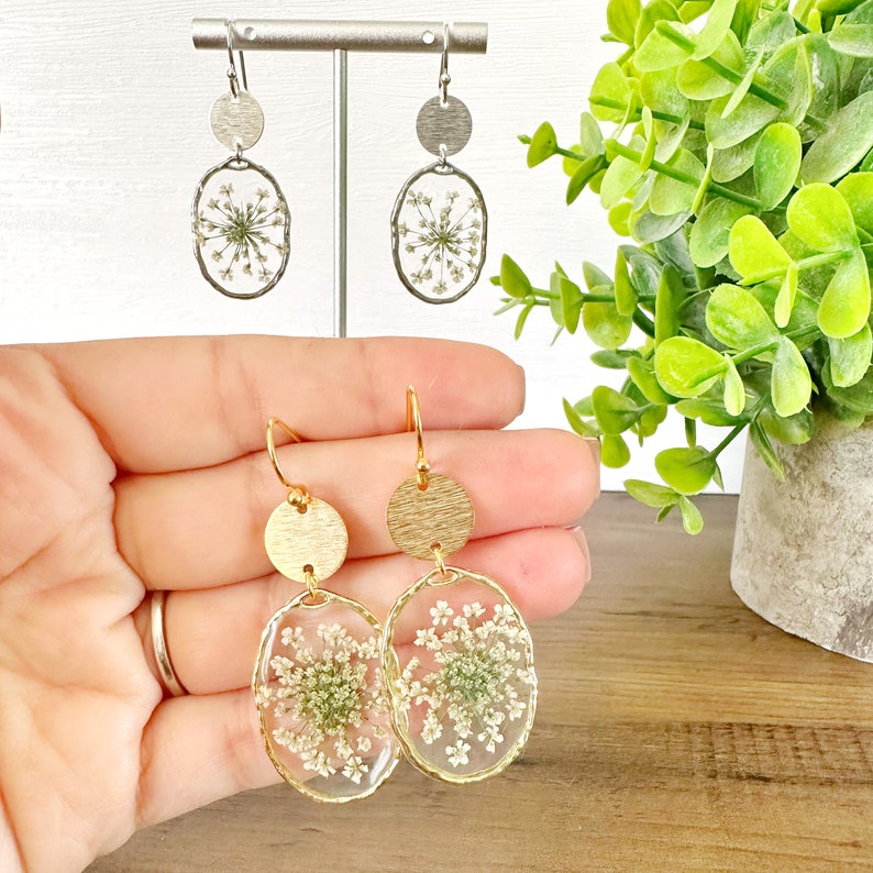 Natural Pressed Flower Earrings White Pink Orange Queen Annes Lace 14k Gold Plated Silver Plated Lightweight Hypoallergenic image 1