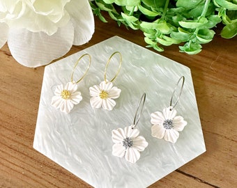 White Flower Hoops | 14k Gold Plated | Surgical Steel | Hypoallergenic | Lightweight Polymer Clay