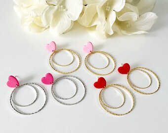Heart Hoop Earrings | Pink & Red Hearts | Heart Studs with Silver and Gold Hoops | 14k Gold Filled or Stainless Steel Posts | Hypoallergenic