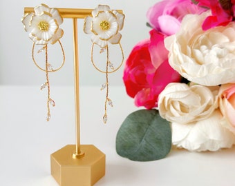 White & Gold Flower Earrings w CZ Vine Charm | Floral Earrings | 14k Gold Filled Posts or Titanium Posts | Hypoallergenic Nickel Free