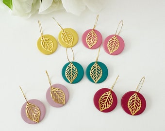 Round Leaf Dangles | 14k Gold Plated Hoops | Lightweight Hypoallergenic Polymer Clay | Nickel Free | Fall Earrings | Handmade in Michigan