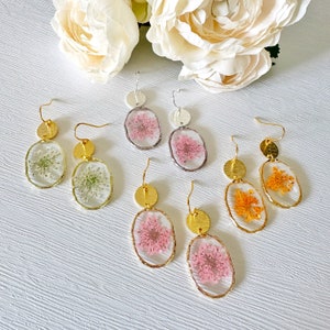 Natural Pressed Flower Earrings White Pink Orange Queen Annes Lace 14k Gold Plated Silver Plated Lightweight Hypoallergenic image 2