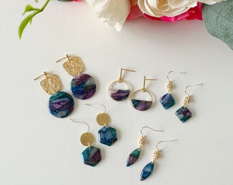 14k Gold Plated Purple Blue Green Earrings | Galaxy Earrings | Lightweight Polymer Clay | Hypoallergenic Nickel Free