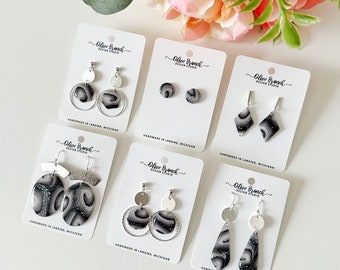 Black Faux Agate Earring Collection | Black Gray White Earrings | Faux Stone Earrings | Hypoallergenic | Silver Plated Posts | Polymer Clay