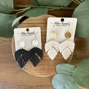 Black or White Leaf Dangle Earrings | Polymer Clay Earrings | Neutral Earrings
