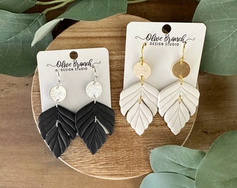 Black or White Leaf Dangle Earrings | Polymer Clay Earrings | Neutral Earrings