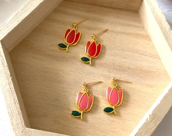 Tulip Earrings | Red or Pink Tulips | Spring Earrings | Hypoallergenic Nickel Free Lightweight | Handcrafted in Michigan