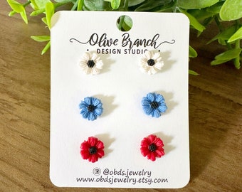 Daisy Stud Earrings | White Blue Red Flowers | Hypoallergenic Stainless Steel | Lightweight