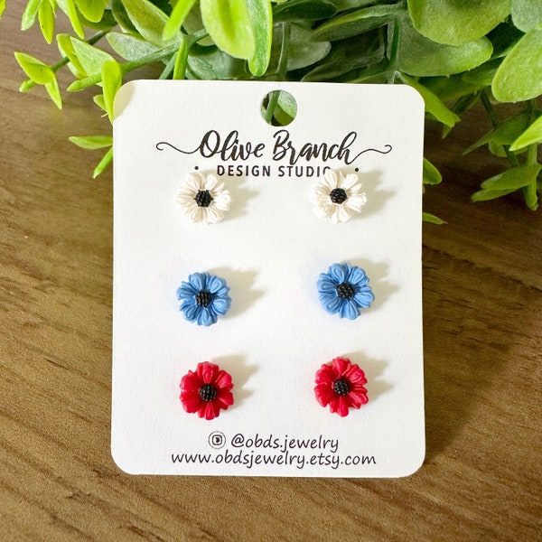 Daisy Stud Earrings | White Blue Red Flowers | Hypoallergenic Stainless Steel | Lightweight