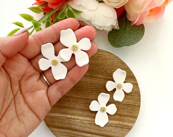 White Flower Statement Studs | 14k Gold Plated Posts | White & Gold Flower Earrings | Lightweight Polymer Clay | Hypoallergenic