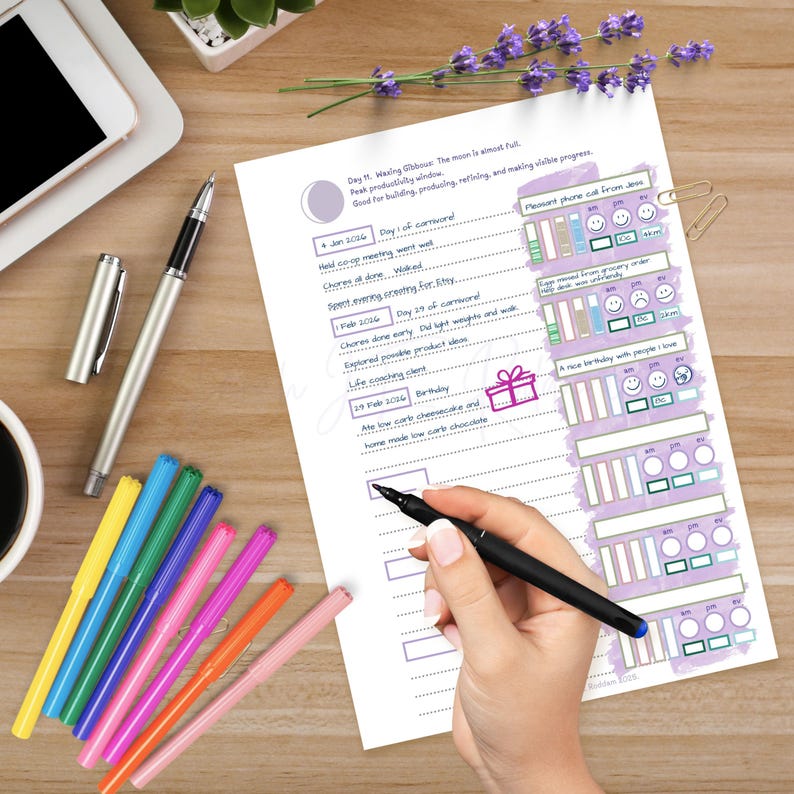 May include: A planner sheet with a purple and white design, featuring a gift box illustration. A hand holds a black pen, poised to write on the sheet. Colourful markers and a pen are on the wooden surface.