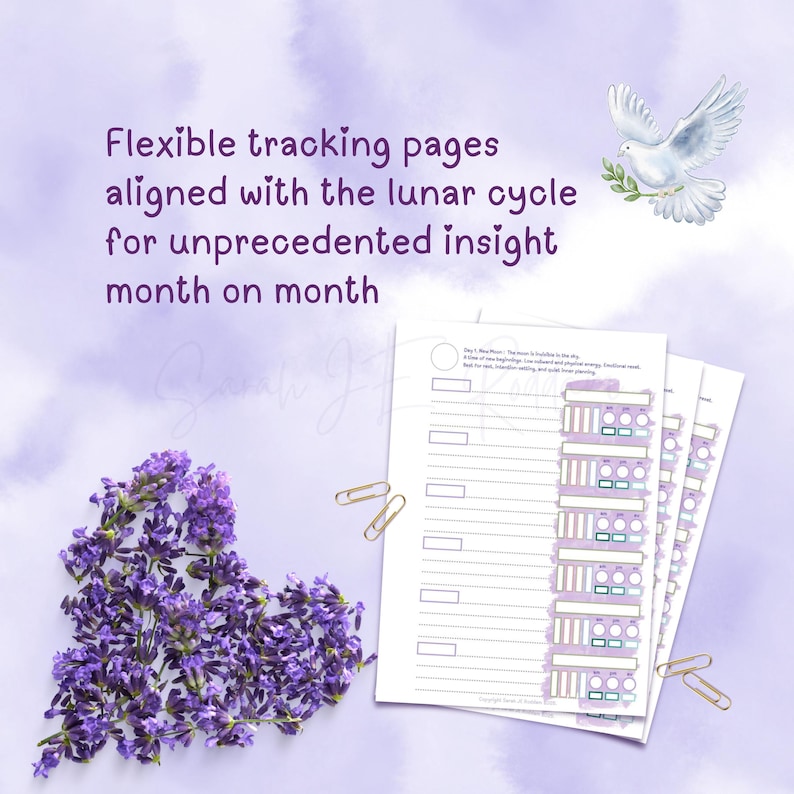 May include: A planner with flexible tracking pages aligned with the lunar cycle. The pages are white with purple and teal accents. A lavender heart and a dove with an olive branch are also in the image. The text reads "Flexible tracking pages aligned with the lunar cycle for unprecedented insight month on month."