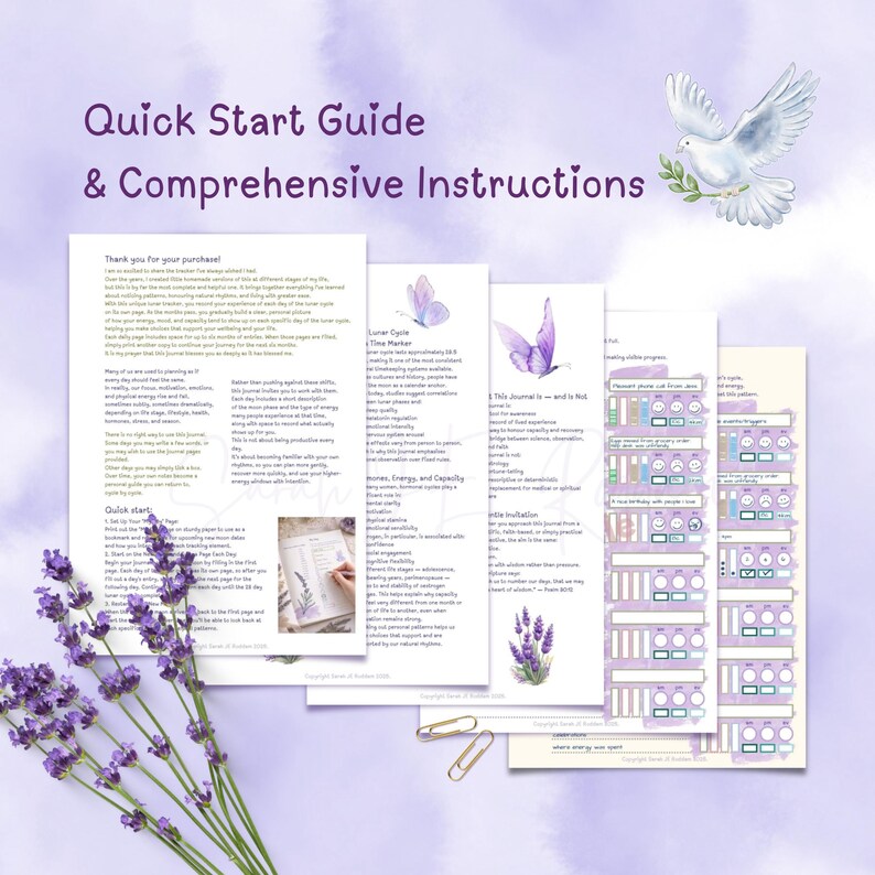 May include: Printed pages with text and illustrations, featuring a dove, butterflies, and lavender. The pages, titled "Quick Start Guide & Comprehensive Instructions", are likely part of a journal or planner, with a floral theme.