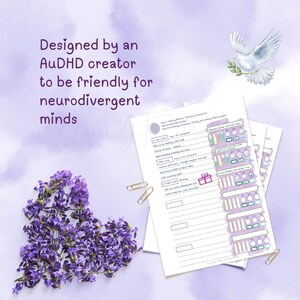May include: A planner with a lavender heart, a dove illustration, and gold paper clips. The planner pages have a purple and white design with text. The text reads "Designed by an AuDHD creator to be friendly for neurodivergent minds."