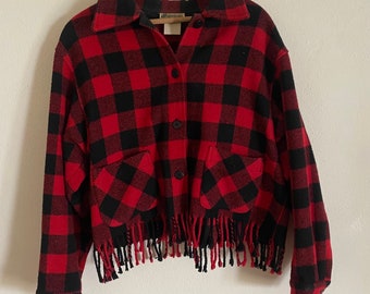 Vintage 80s Sportable Red and Black Plaid Wool Fringe Small/Medium Jacket